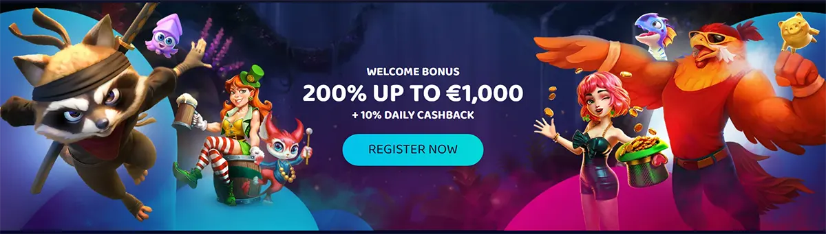 Colourful casino welcome banner showing “200% up to €1,000 + 10% daily cashback” with a “Register Now” button, featuring cartoon characters including a flying masked raccoon, a red-haired girl, a small fantasy creature, and a large rooster holding coins.