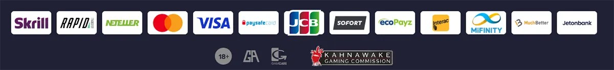 Footer banner with payment logos (Skrill, Rapid Transfer, Neteller, Mastercard, Visa, paysafecard, JCB, Sofort, ecoPayz, Interac, MiFinity, MuchBetter, Jetonbank) plus 18+ and responsible gaming icons and the Kahnawake Gaming Commission badge.