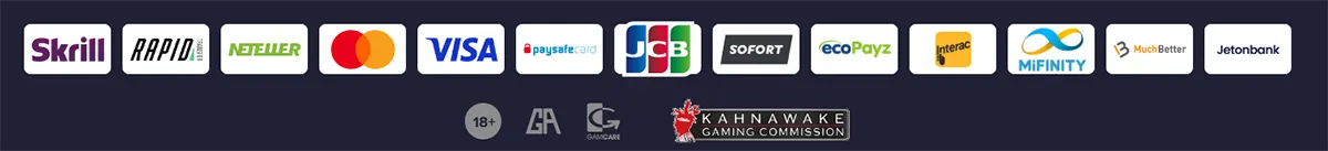 Footer banner with payment logos (Skrill, Rapid Transfer, Neteller, Mastercard, Visa, paysafecard, JCB, Sofort, ecoPayz, Interac, MiFinity, MuchBetter, Jetonbank) plus 18+ and responsible gaming icons and the Kahnawake Gaming Commission badge.