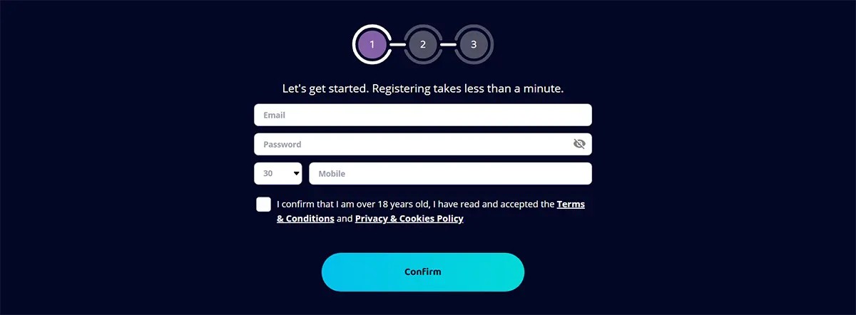 Step 1 of a three-step registration form on a dark background, with email, password and mobile fields, an 18+ terms/privacy consent checkbox, and a large blue “Confirm” button.