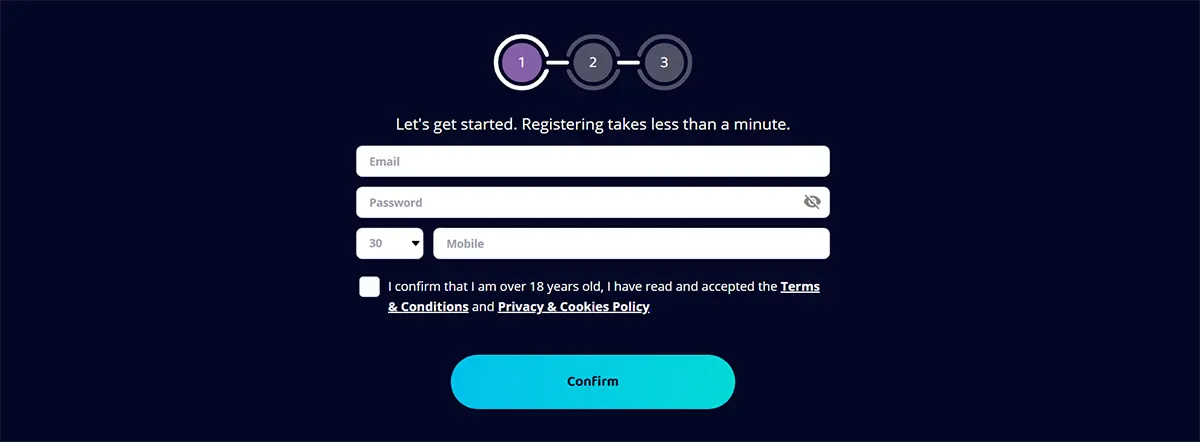 Step 1 of a three-step registration form on a dark background, with email, password and mobile fields, an 18+ terms/privacy consent checkbox, and a large blue “Confirm” button.